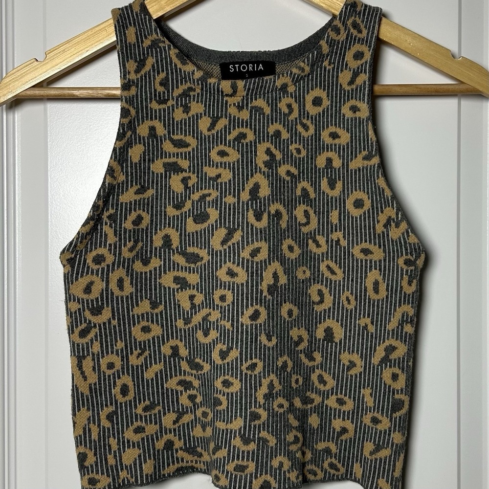 Storia Leopard Print‎ Textured Knit Crop Tank Top Y2K Boho Indie Sleaze Style